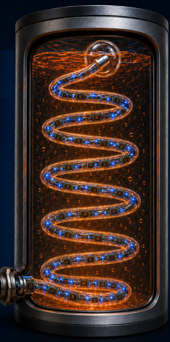 Concept render of the flexible ThermalCore compute snake coiled inside a tank, glowing as it heats the water