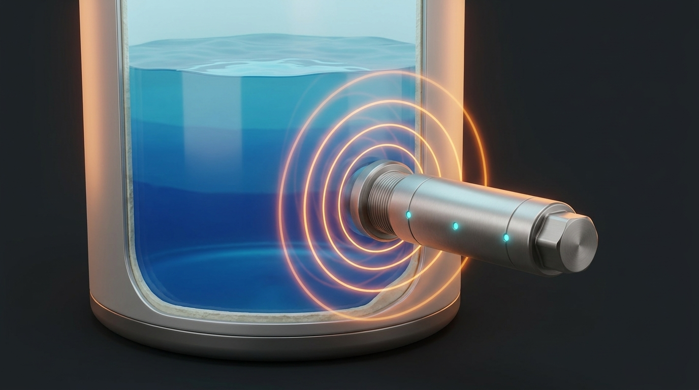 Cutaway of a water heater tank: the ThermalCore module, threaded into the element port, sends a controlled pulse of heat into the water