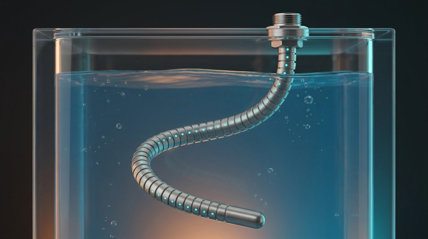 The flexible ThermalCore conduit curving down through a tank, with sensing points spaced along its whole length