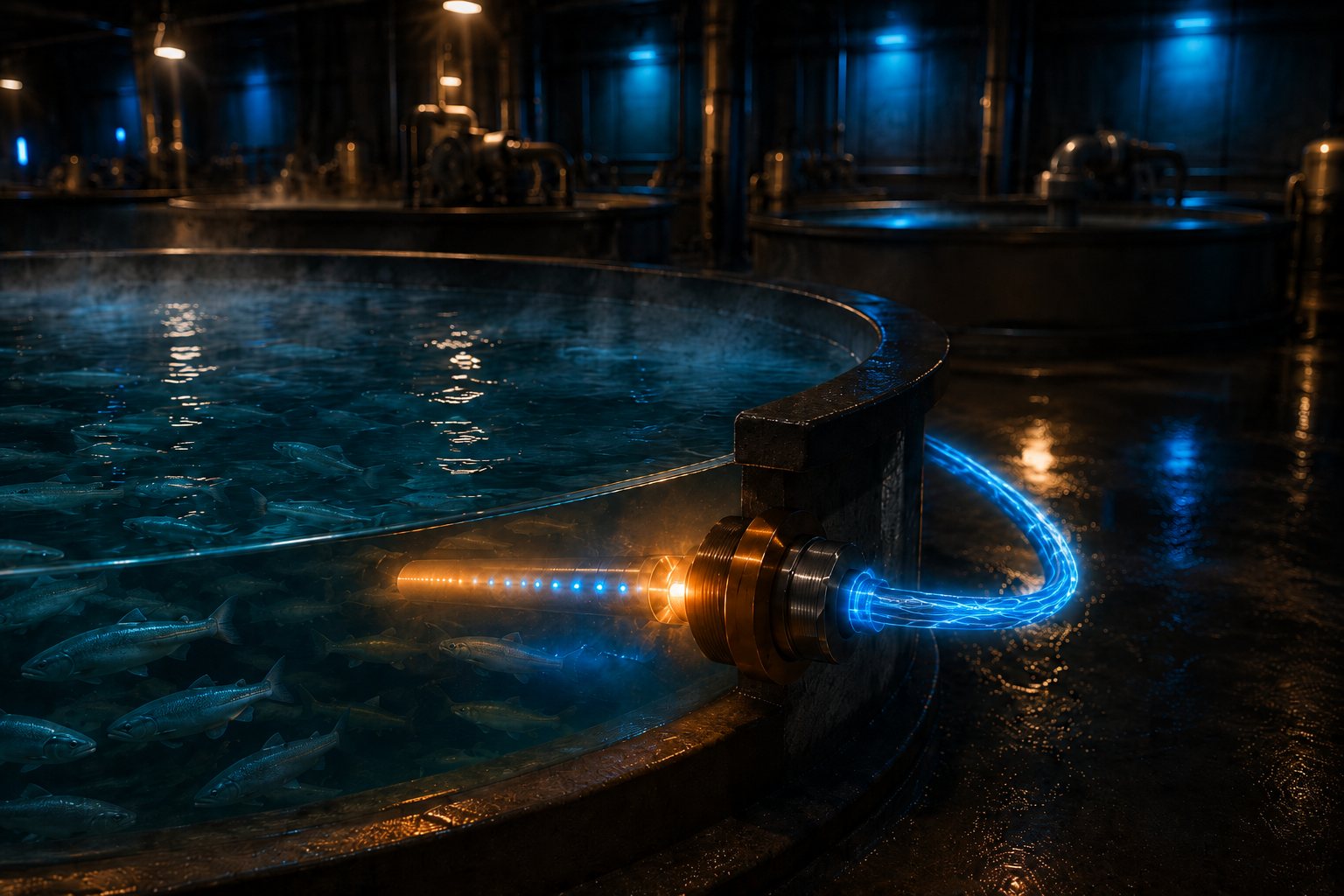 Concept render of an aquaculture tank with a glowing ThermalCore element under the water and blue data light streaming from its cable