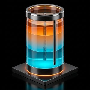 A tank showing stacked hot and cold water layers with a measuring probe