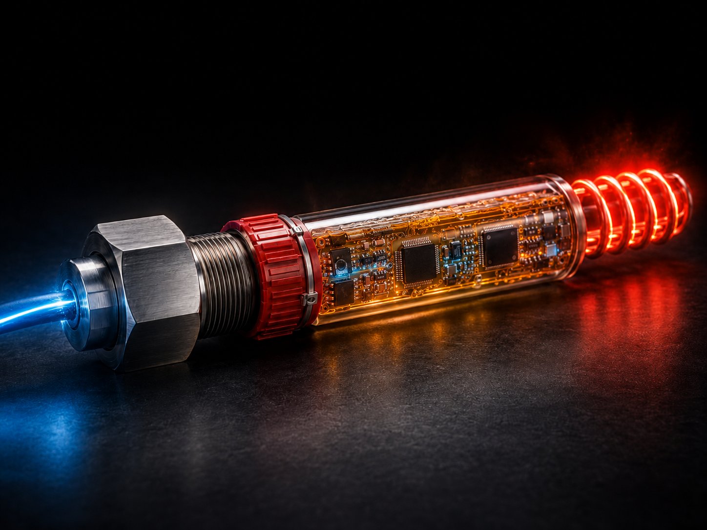 Concept render of the ThermalCore module: threaded brass fitting, compute board sealed in golden dielectric oil inside a transparent housing, glowing backup heating coil at the tip, and a blue fiber-optic data cable