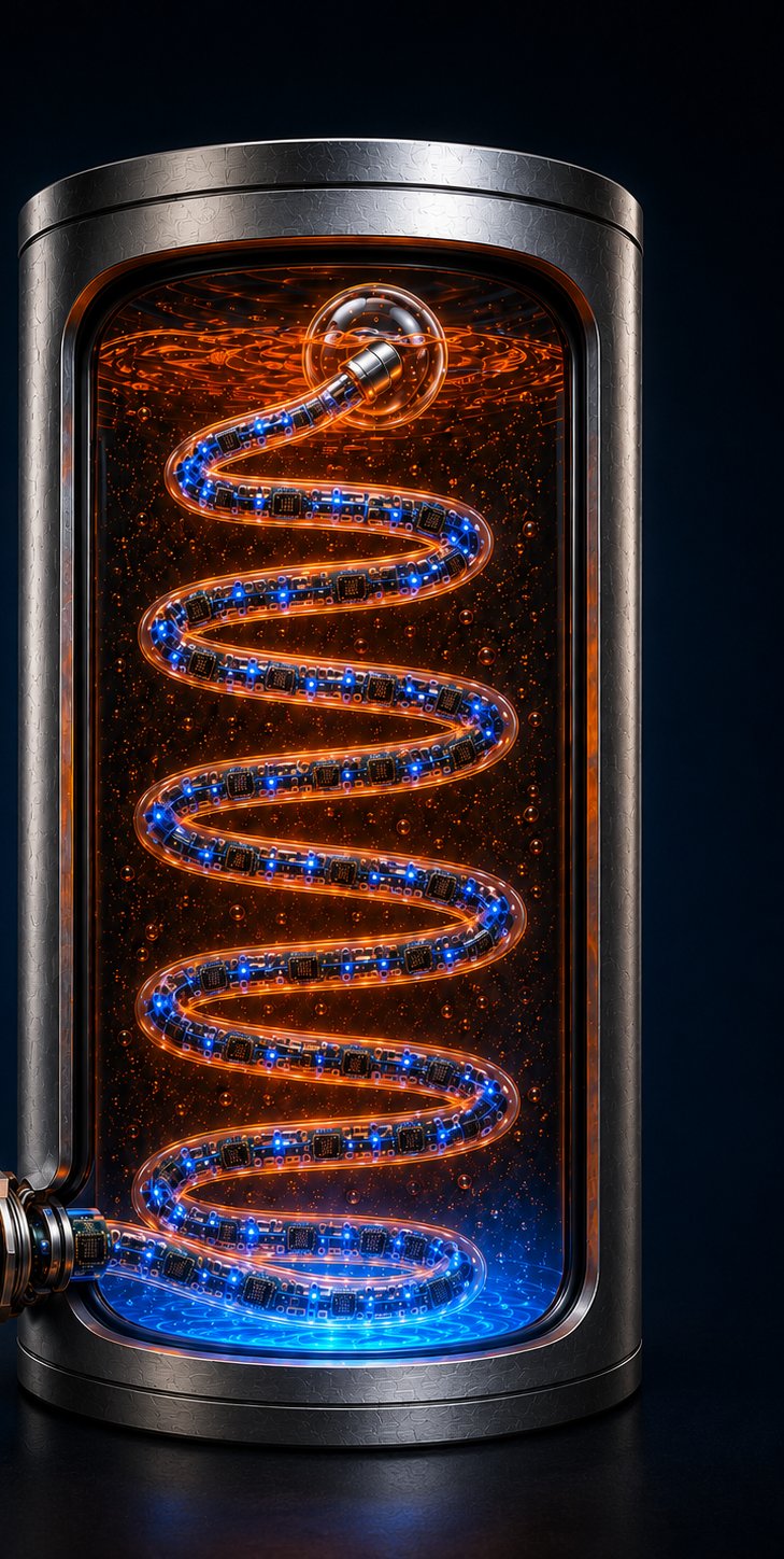 Complete cutaway of a tank with the flexible ThermalCore snake coiled through the water column, buoyant tip at the surface, and the threaded screw-in fitting at the port